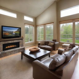 A spacious and welcoming living room with comfortable sofas, a coffee table, a large flat-screen TV on the wall, and a cozy fireplace. The room is brightly lit with warm, natural light entering from large windows.