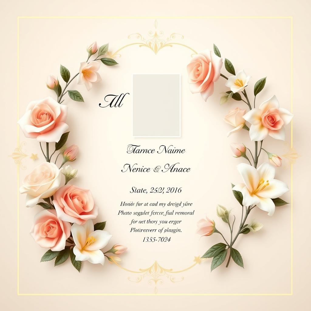 A sophisticated and elegant memorial announcement design featuring floral elements, soft pastel colors, and a peaceful background