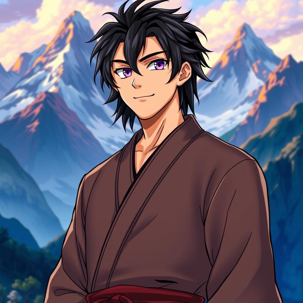 A light novel cover featuring a tall adult male character with shaggy black hair and striking amethyst eyes