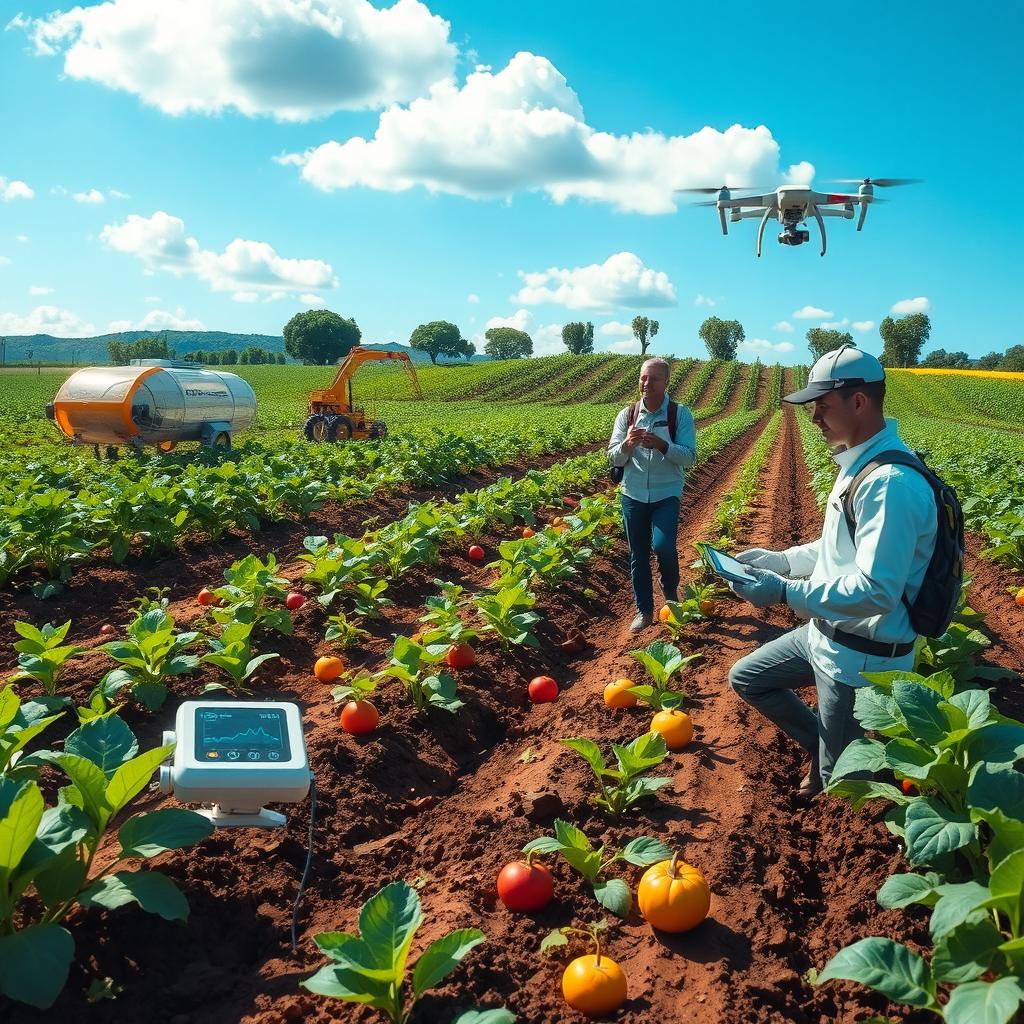 A futuristic scene showcasing advanced soil science in agriculture, depicting a thriving farm with vibrant crops growing in nutrient-rich soil