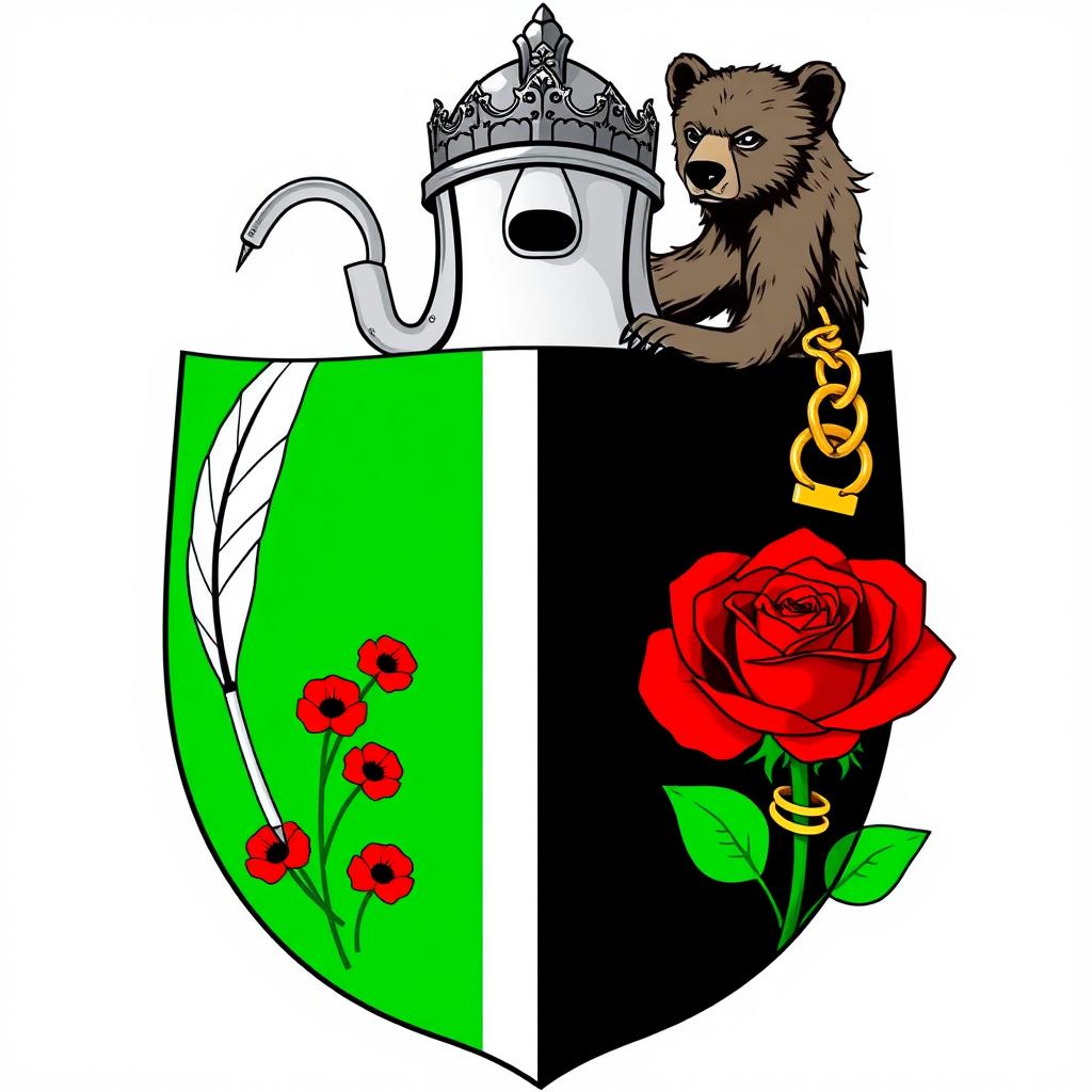 A heraldic shield bisected vertically