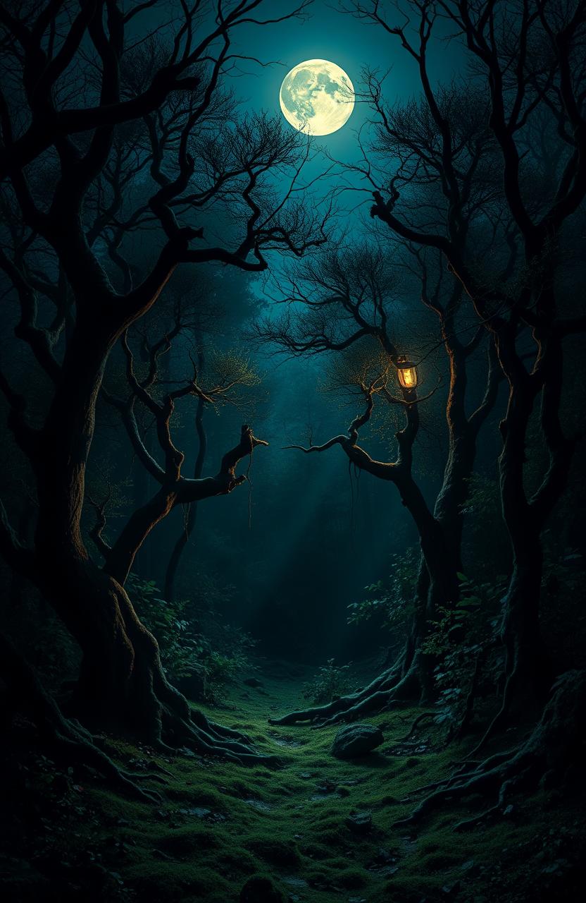 A mystical dark forest illuminated by a glowing full moon, casting ethereal light on twisted trees and dense foliage, creating an atmosphere of enchantment and mystery