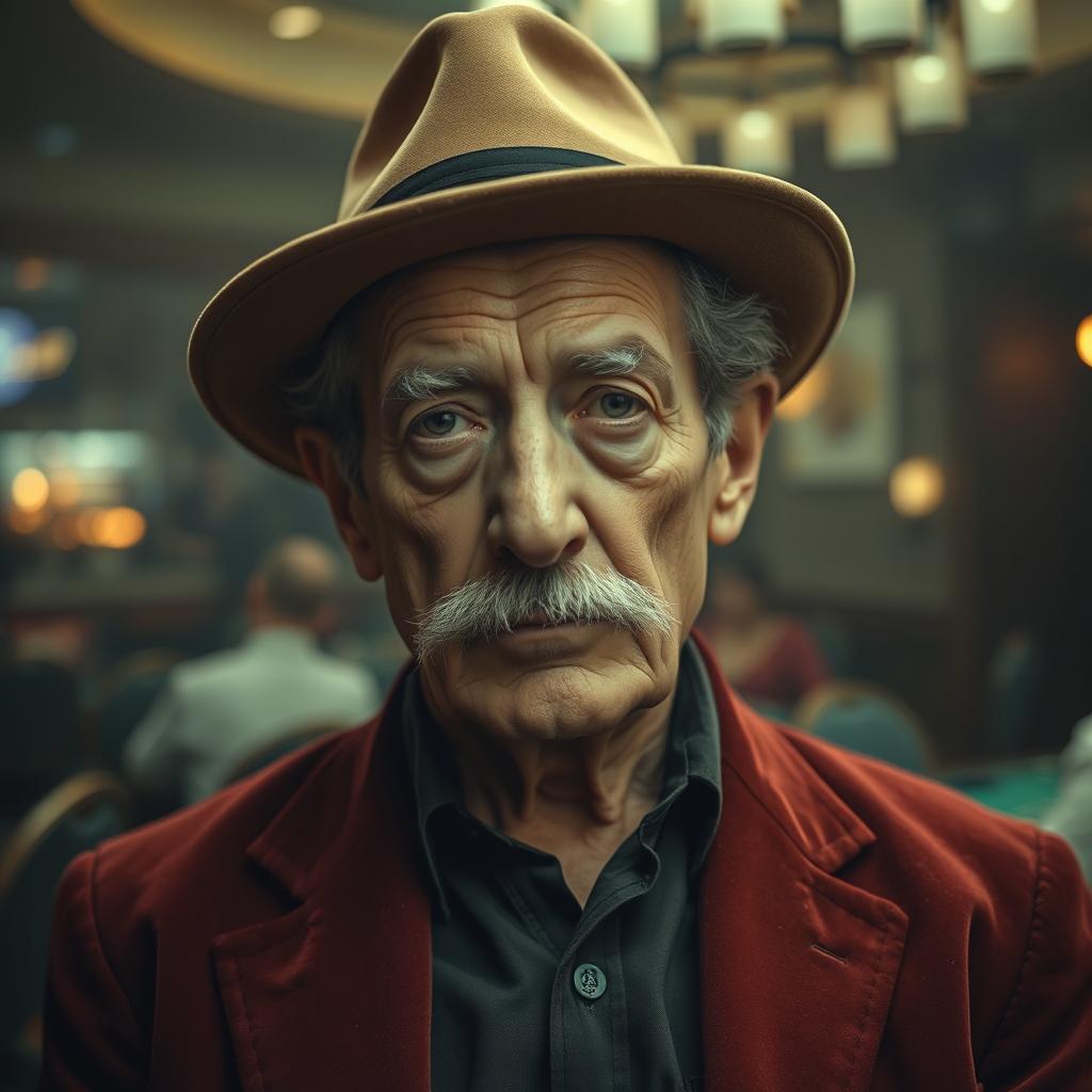 A somber, aged man in a provincial casino, reflecting a melancholic atmosphere