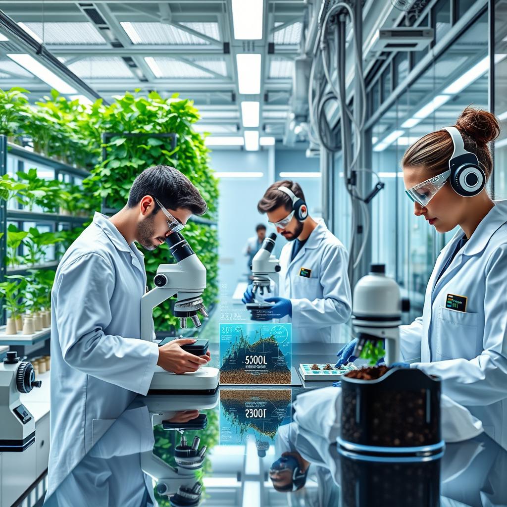A futuristic laboratory dedicated to soil science, showcasing advanced technology and robotic systems