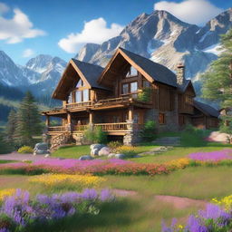 Render an image of a rustic three-story house, nestled in a picturesque mountain range with blooming, vibrant wildflowers on a sunny day.