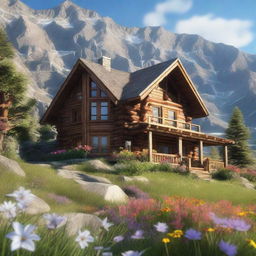 Render an image of a rustic three-story house, nestled in a picturesque mountain range with blooming, vibrant wildflowers on a sunny day.