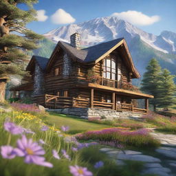 Render an image of a rustic three-story house, nestled in a picturesque mountain range with blooming, vibrant wildflowers on a sunny day.