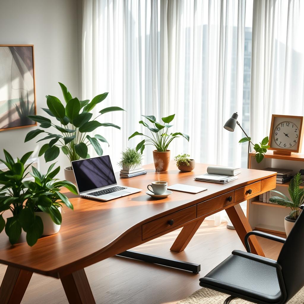 A serene workspace with a large, elegant wooden desk adorned with lush plants, a sleek laptop, and a cup of steaming coffee