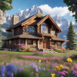 Render an image of a rustic three-story house, nestled in a picturesque mountain range with blooming, vibrant wildflowers on a sunny day.