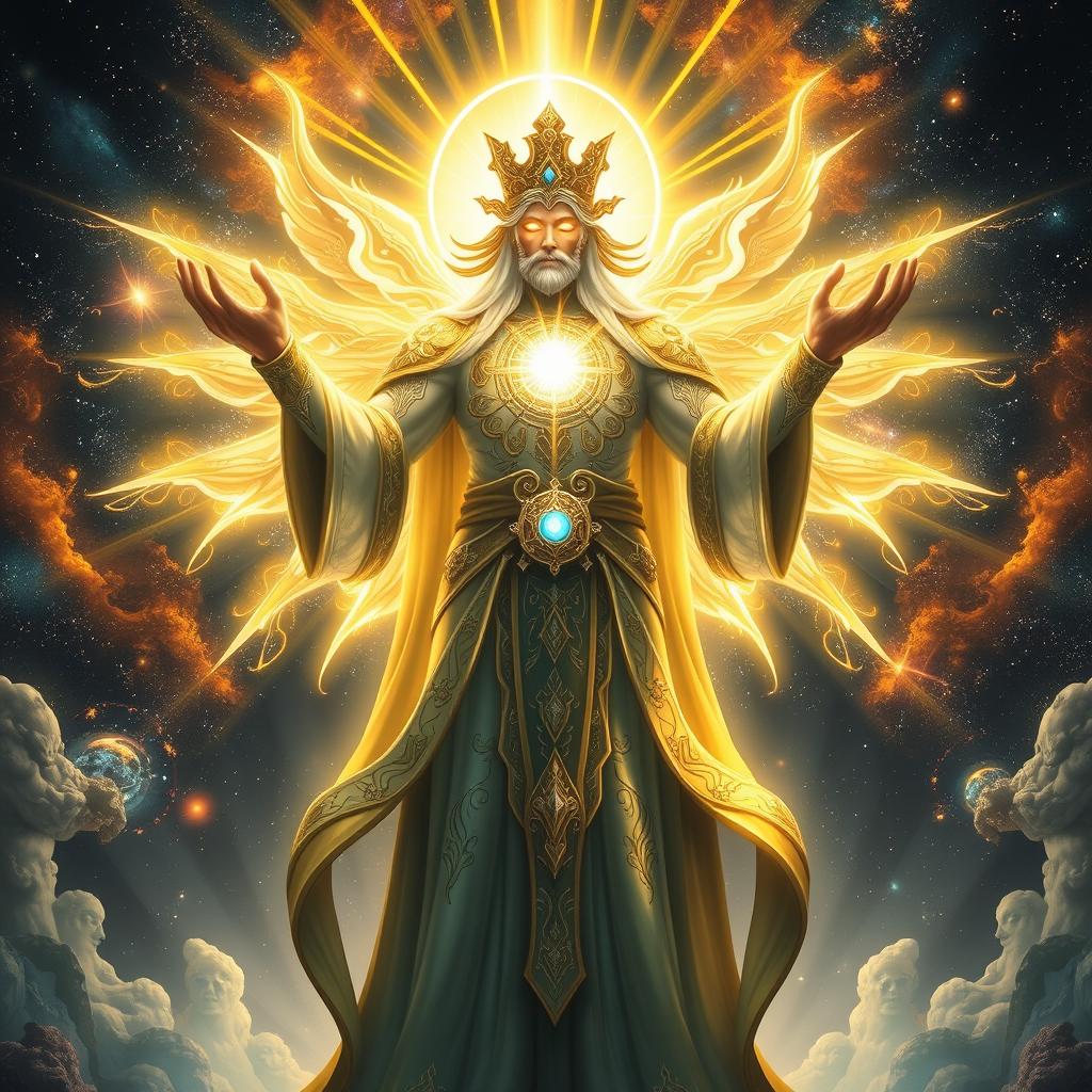 A magnificent, god-like figure standing proudly with radiant, brilliant eyes that shine with divine energy