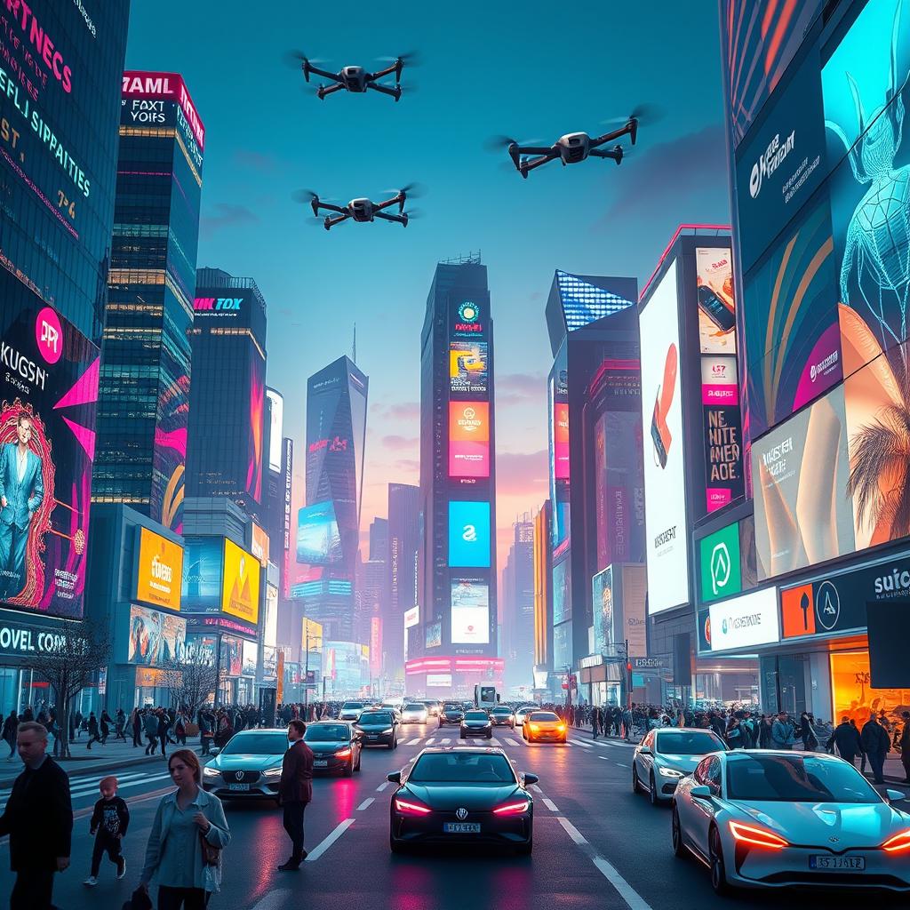 A sleek and modern futuristic city landscape, bathed in vibrant neon lights, with towering skyscrapers made of glass reflecting the multicolored lights of advertisements