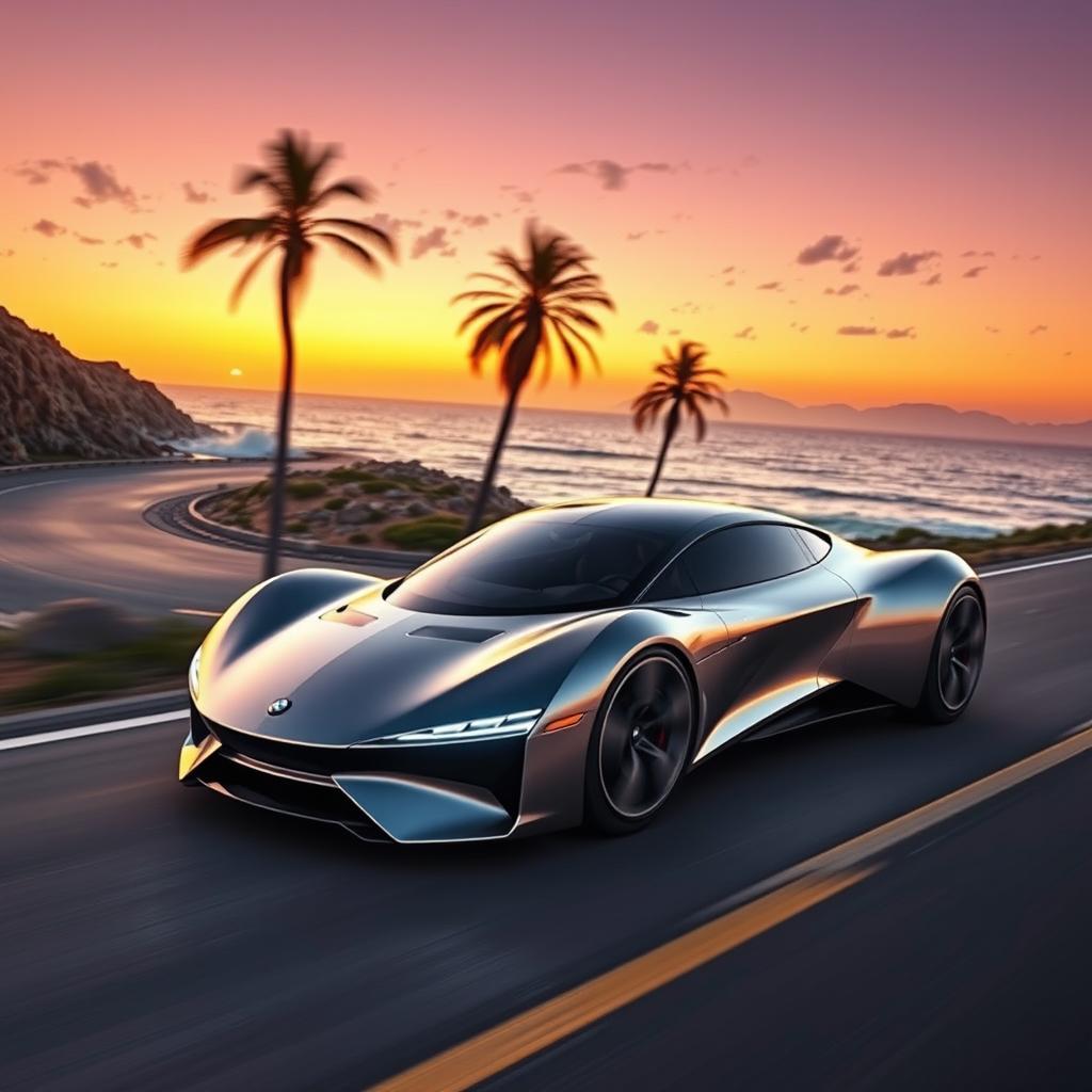 A sleek, futuristic car design, blending aerodynamic shapes and a shiny metallic finish