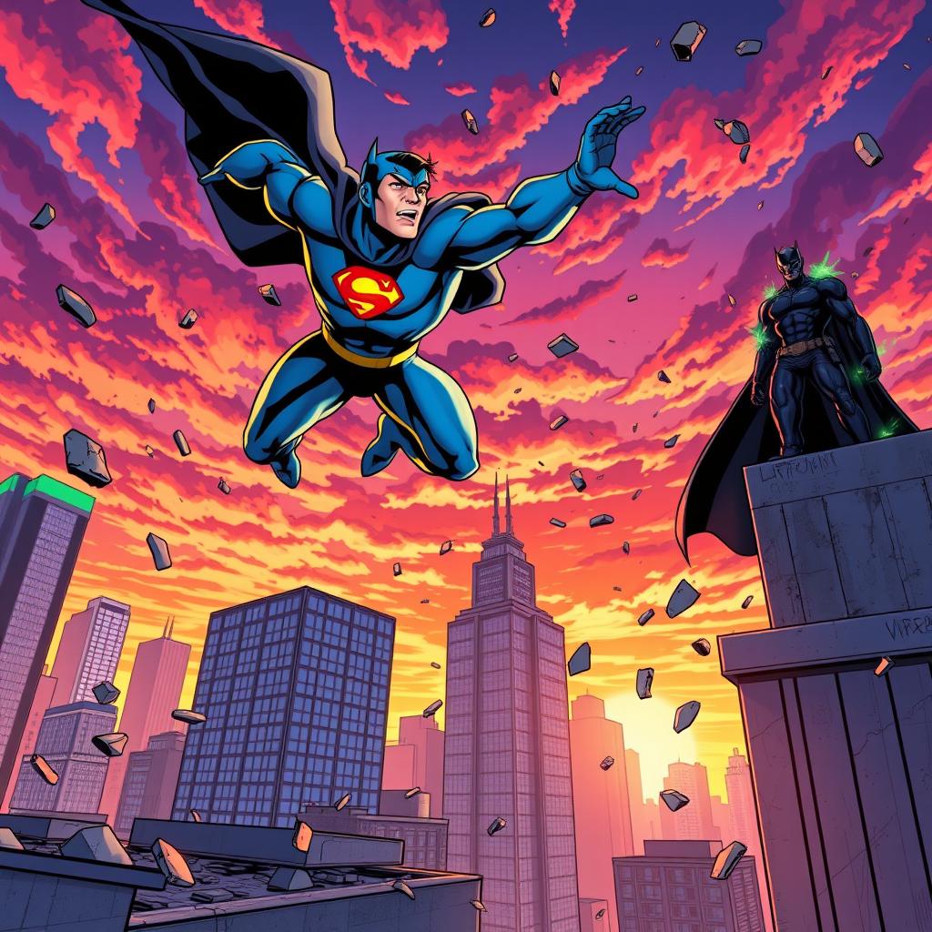 A vivid and dynamic comic book scene featuring an intense superhero battle
