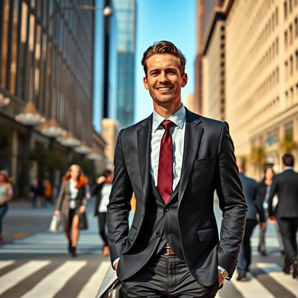 A confident man in a sharp, tailored suit, carrying a briefcase, walking down a city street with a positive demeanor