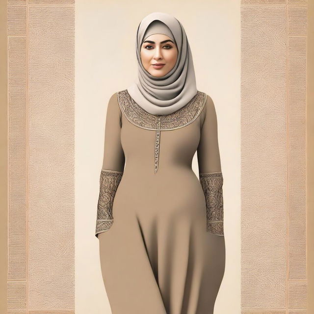 A high-quality digital art image featuring a mature Muslim woman with a curvaceous figure