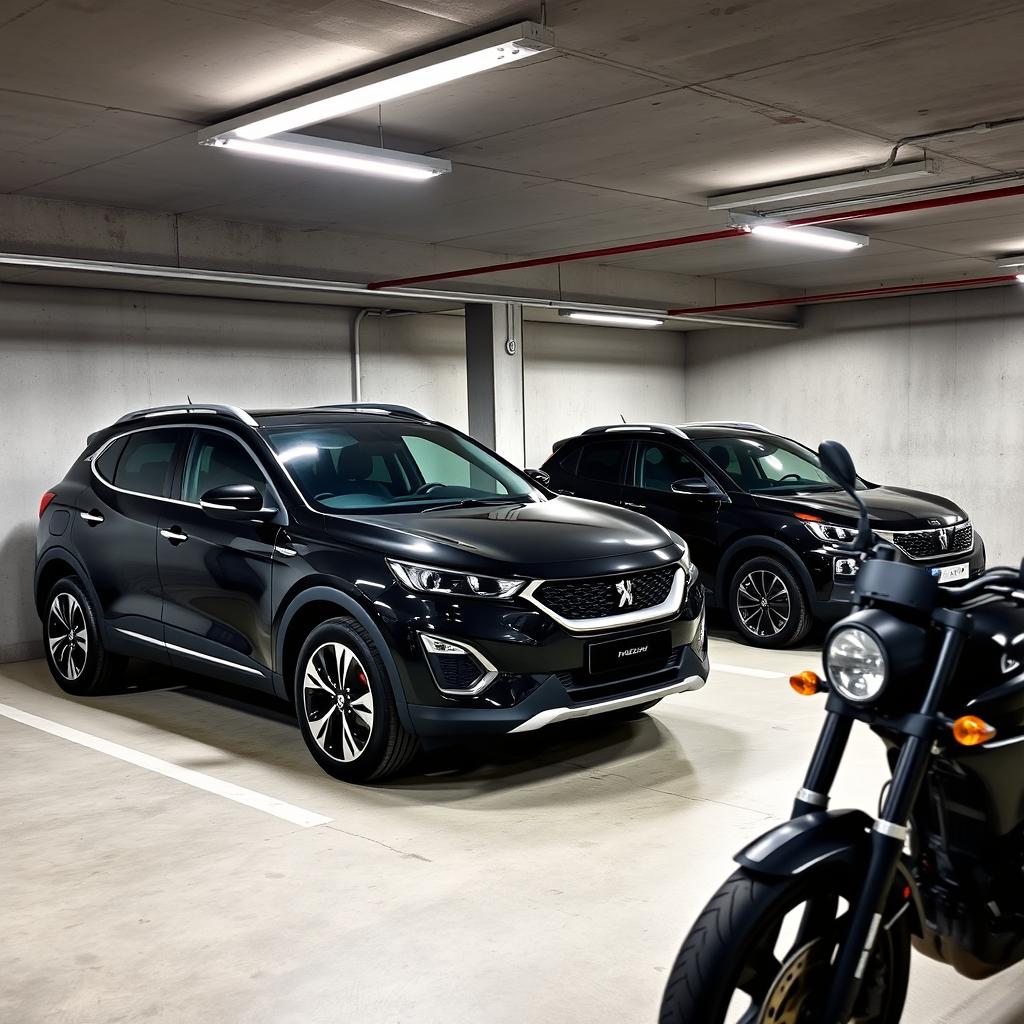 A modern parking garage featuring a sleek black Chery Tiggo 7 Pro SUV, a stylish black Peugeot 206 hatchback, and a powerful black motorcycle