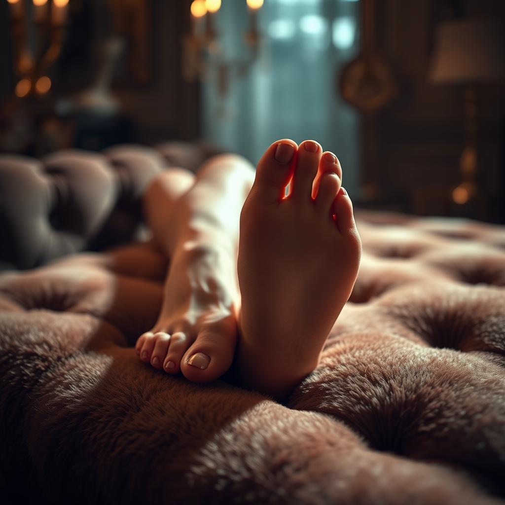 A dramatic and cinematic scene featuring a close-up of a woman's gorgeous feet