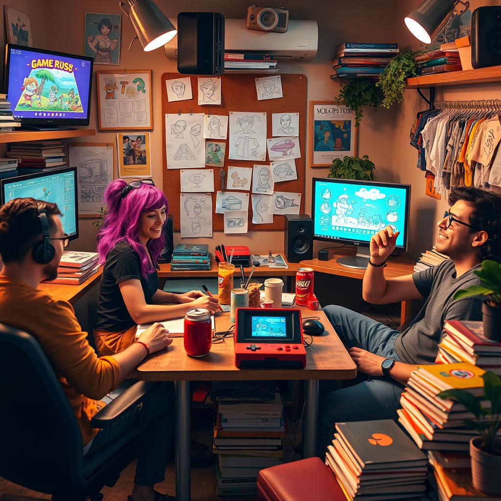 A cozy and inviting game development studio scene with a small team of diverse developers collaborating enthusiastically