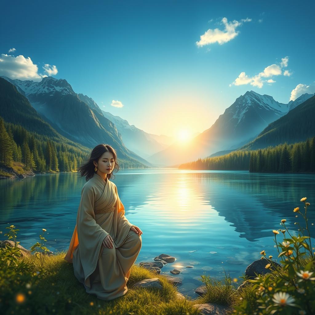 A mesmerizing fantasy landscape, featuring a crystal clear lake surrounded by lush green forests under a bright blue sky
