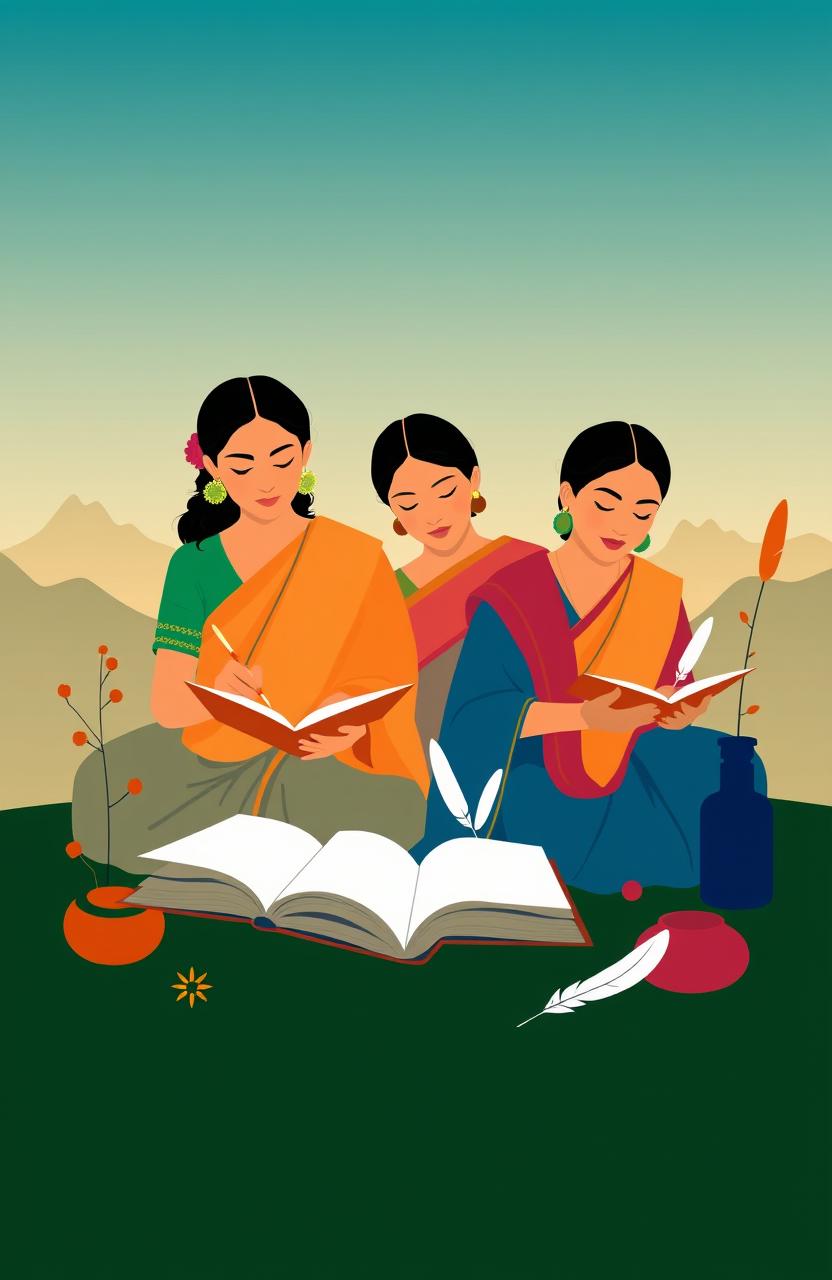A minimalistic representation of Northeast Indian women engaged in writing