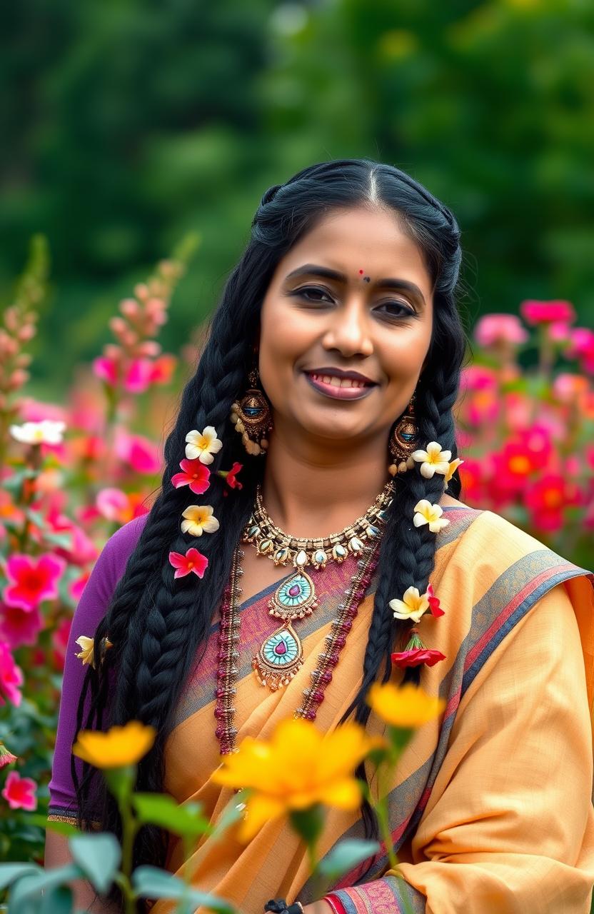 A portrait of a Northeast Indian woman dressed in traditional Mangala attire, surrounded by a minimalist nature setting