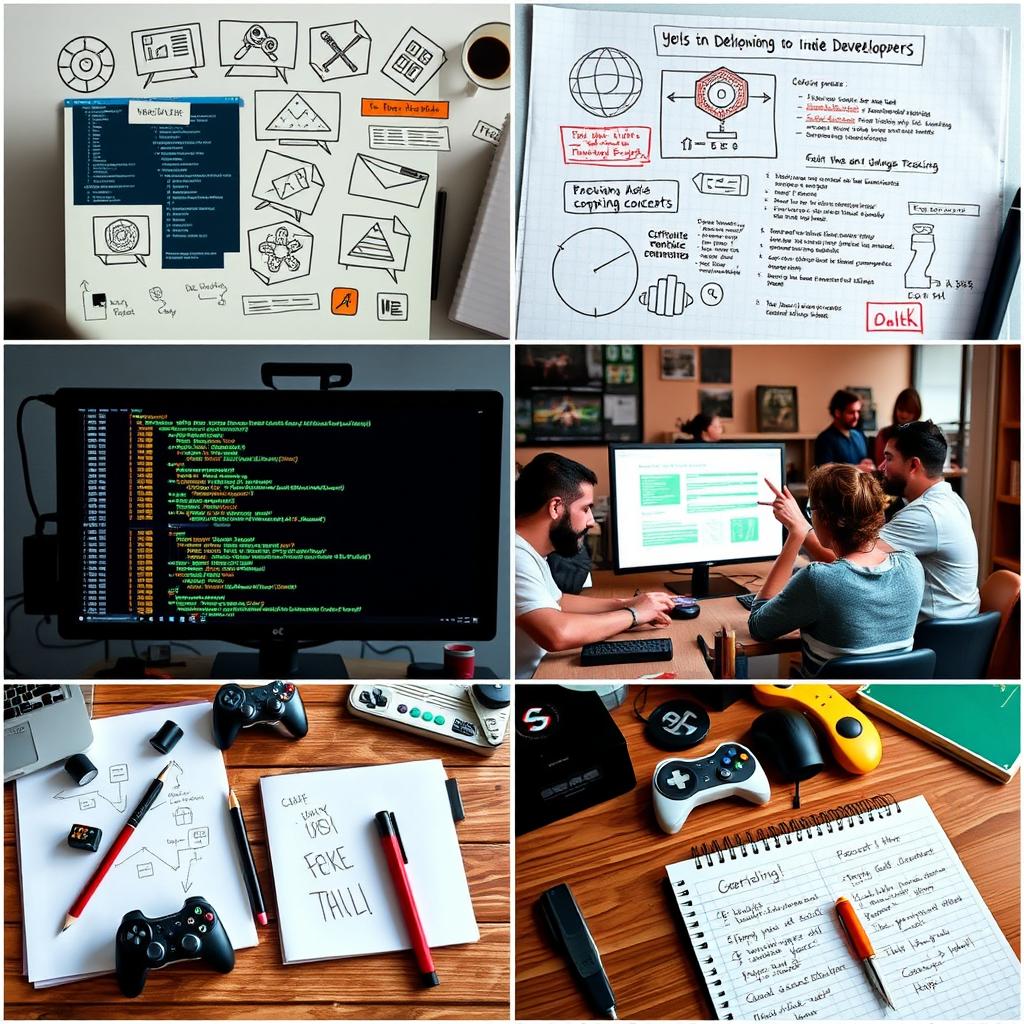 A collage of effective game development strategies for indie developers, showcasing various elements such as game design sketches, coding snippets on a computer screen, brainstorming sessions with diverse indie developers, a table filled with gaming props and tools, and a notepad with well-written game concepts