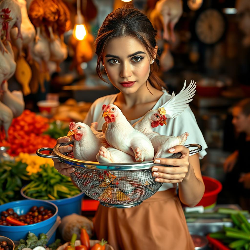 A stunningly beautiful girl with exquisite features and mesmerizing eyes, standing in a chicken shop