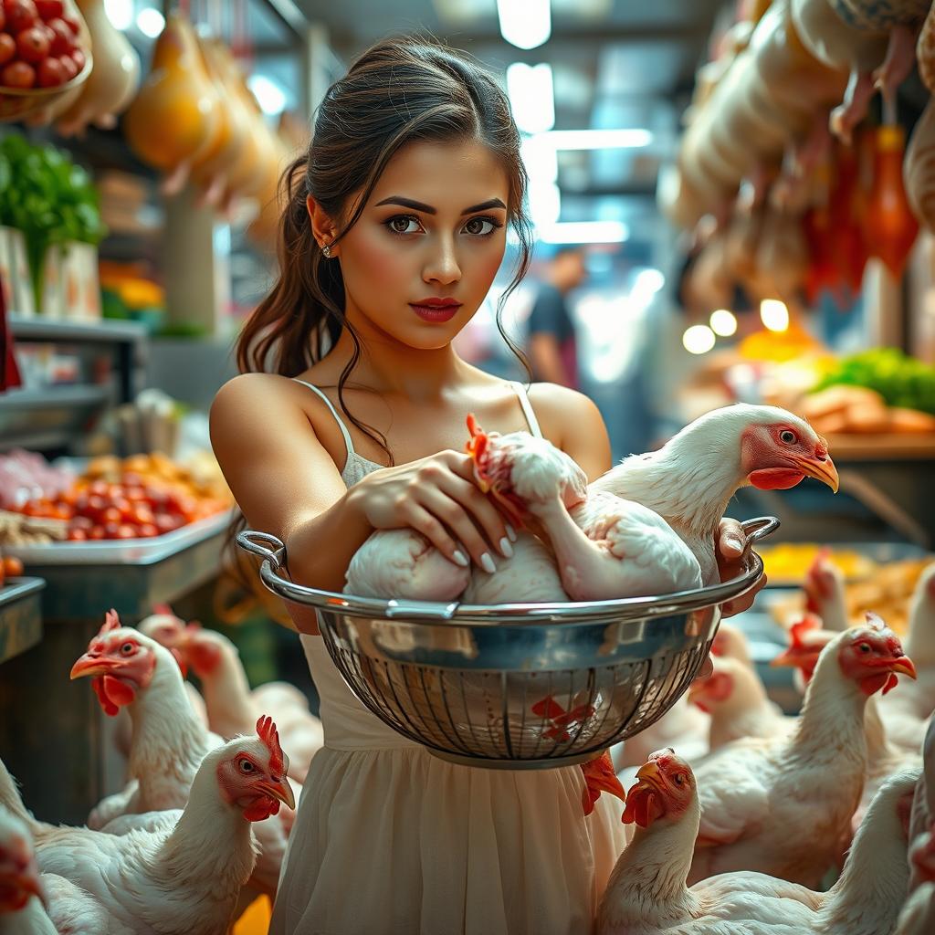 A stunningly beautiful girl with exquisite features and captivating eyes, standing in a chicken shop