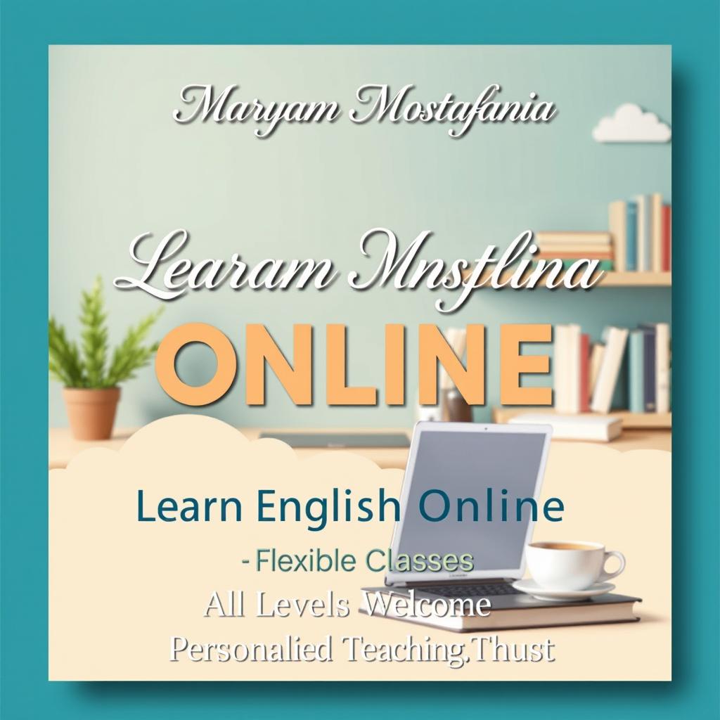 A visually appealing promotional poster for an online English language institute, featuring elegant typography with the name 'Maryam Mostafania' prominently displayed