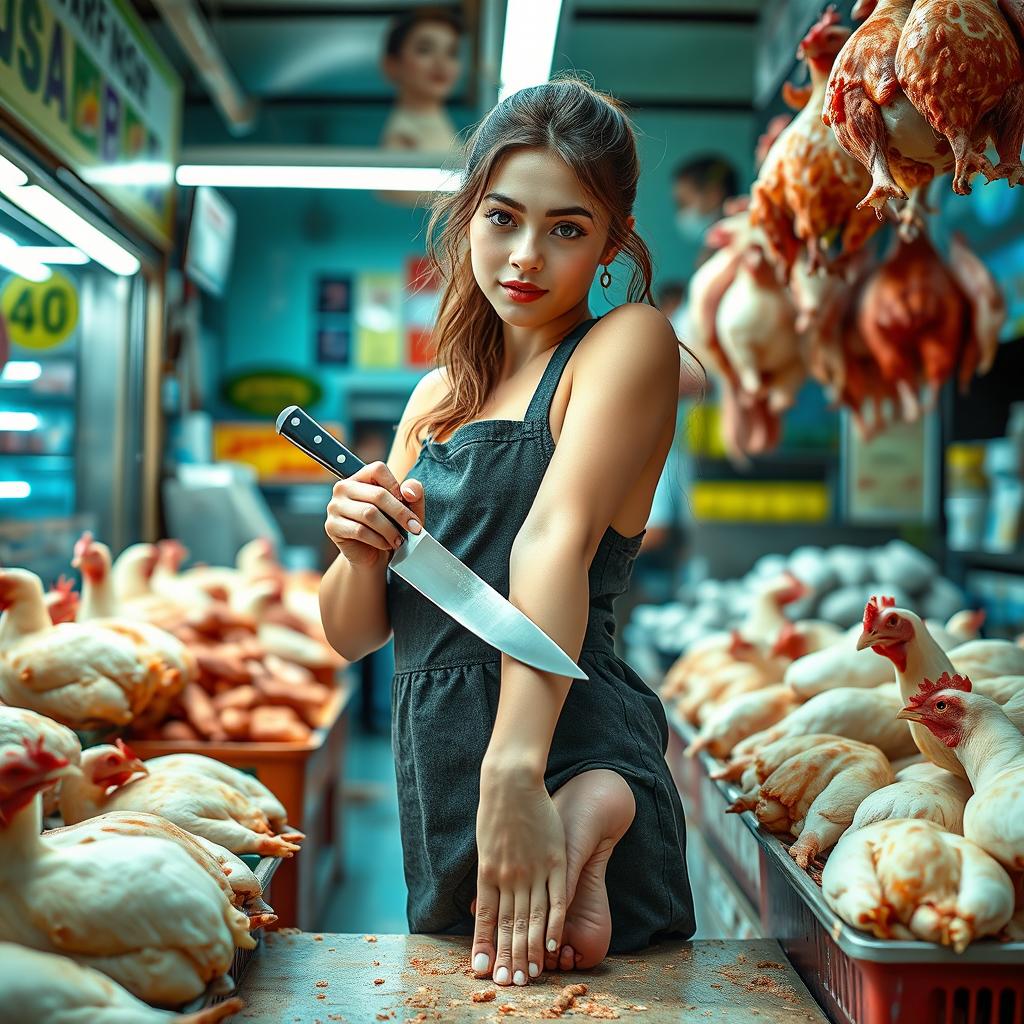 A stunningly beautiful girl with flawless features and captivating eyes, standing in a chicken shop, holding a sharp knife as she skillfully prepares chickens