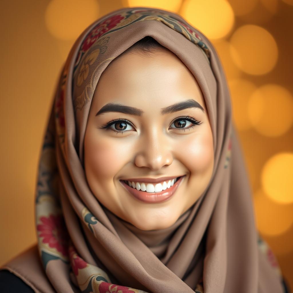 A beautiful portrait of a woman wearing a hijab, showcasing her radiant smile and vibrant eyes