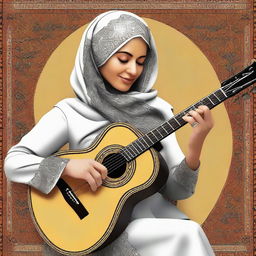 A high-quality digital art image of a mature Muslim woman playing a Spanish guitar