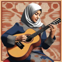 A high-quality digital art image of a mature Muslim woman playing a Spanish guitar