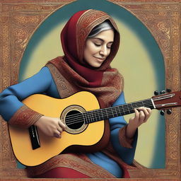 A high-quality digital art image of a mature Muslim woman playing a Spanish guitar