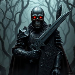 A dark knight with a skull instead of a head, dressed in intricate, dark armor with medieval designs