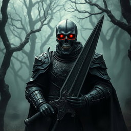 A dark knight with a skull instead of a head, dressed in intricate, dark armor with medieval designs