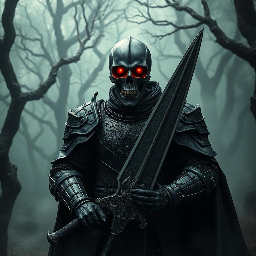 A dark knight with a skull instead of a head, dressed in intricate, dark armor with medieval designs