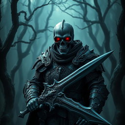 A dark knight with a skull instead of a head, dressed in intricate, dark armor with medieval designs