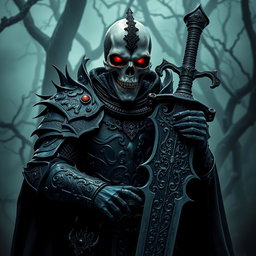 A dark knight with a skull instead of a head, dressed in intricate, dark armor with medieval designs