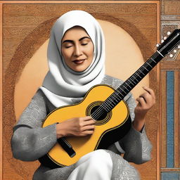 A high-quality digital art image of a mature Muslim woman playing a Spanish guitar