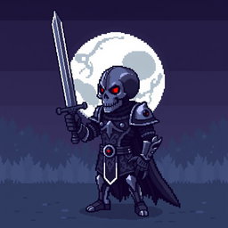 A pixel art character of a dark knight with a skull instead of a head