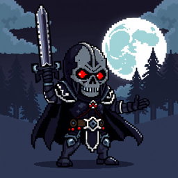 A pixel art character of a dark knight with a skull instead of a head