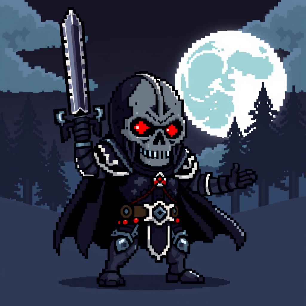 A pixel art character of a dark knight with a skull instead of a head