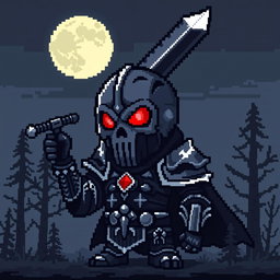 A pixel art character of a dark knight with a skull instead of a head