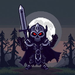 A pixel art character of a dark knight with a skull instead of a head