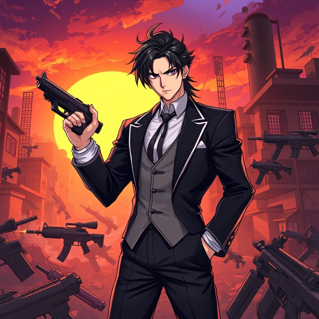 A dynamic illustration of Muzan Kibutsuji from Demon Slayer, depicted with his signature elegant attire and dark hair, showcasing his charismatic yet menacing presence