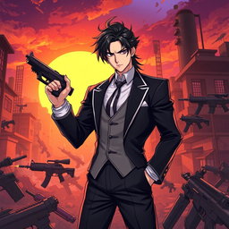 A dynamic illustration of Muzan Kibutsuji from Demon Slayer, depicted with his signature elegant attire and dark hair, showcasing his charismatic yet menacing presence