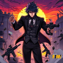 A dynamic illustration of Muzan Kibutsuji from Demon Slayer, depicted with his signature elegant attire and dark hair, showcasing his charismatic yet menacing presence