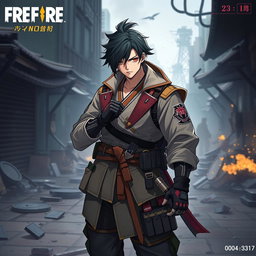 An artistic representation of Muzan Kibutsuji from Demon Slayer wearing a Free Fire character bundle outfit, featuring a stylish, cohesive design that blends elements of traditional Japanese clothing with modern tactical gear