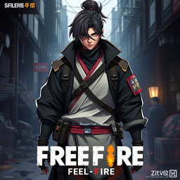 An artistic representation of Muzan Kibutsuji from Demon Slayer wearing a Free Fire character bundle outfit, featuring a stylish, cohesive design that blends elements of traditional Japanese clothing with modern tactical gear